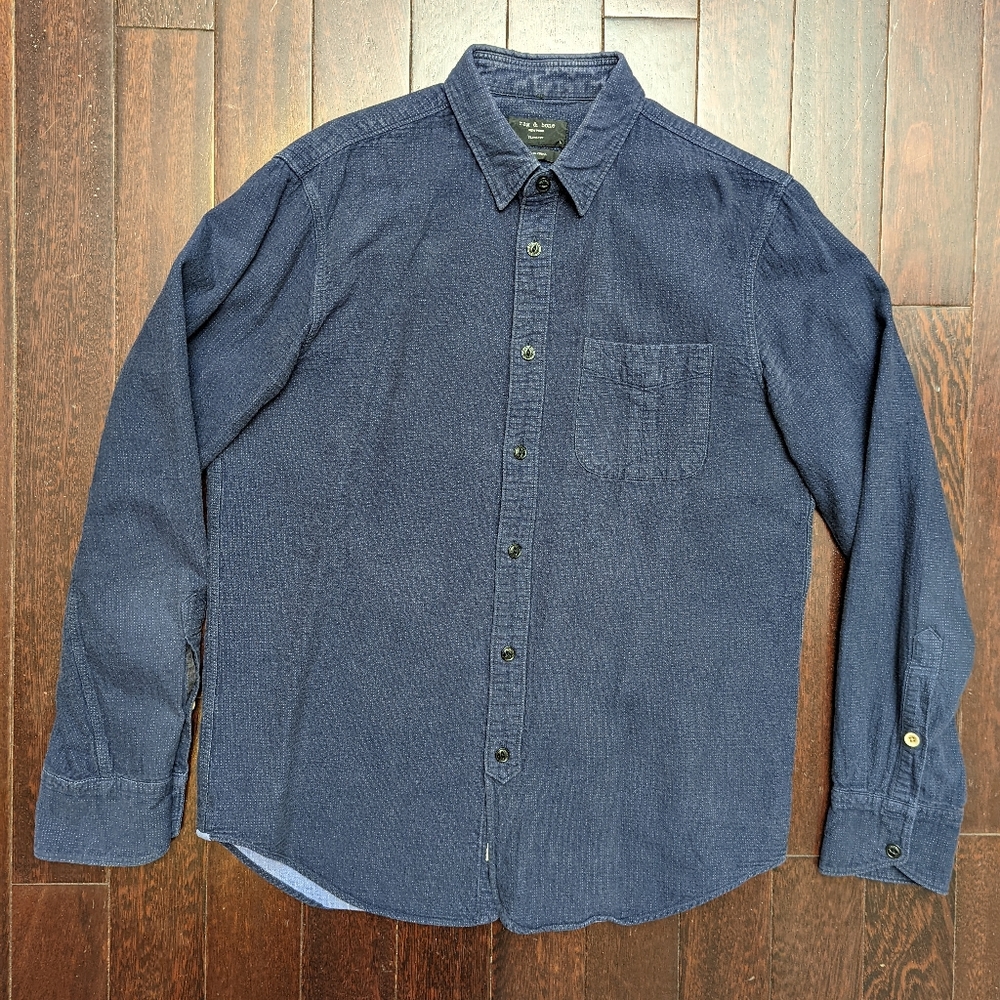 Rag & Bone Mens Slim Fit Button Up Shirt with Contrast Trim - Navy Blue